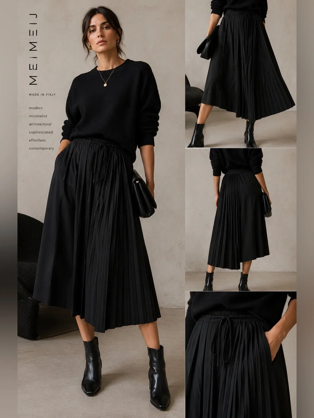 MEIMEIJ Asymmetrical Pleated Midi Skirt US 8 Black Made in Italy IT 44